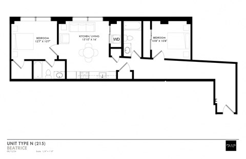 Floor plan for 2 beds, 2 baths, 948 sqft